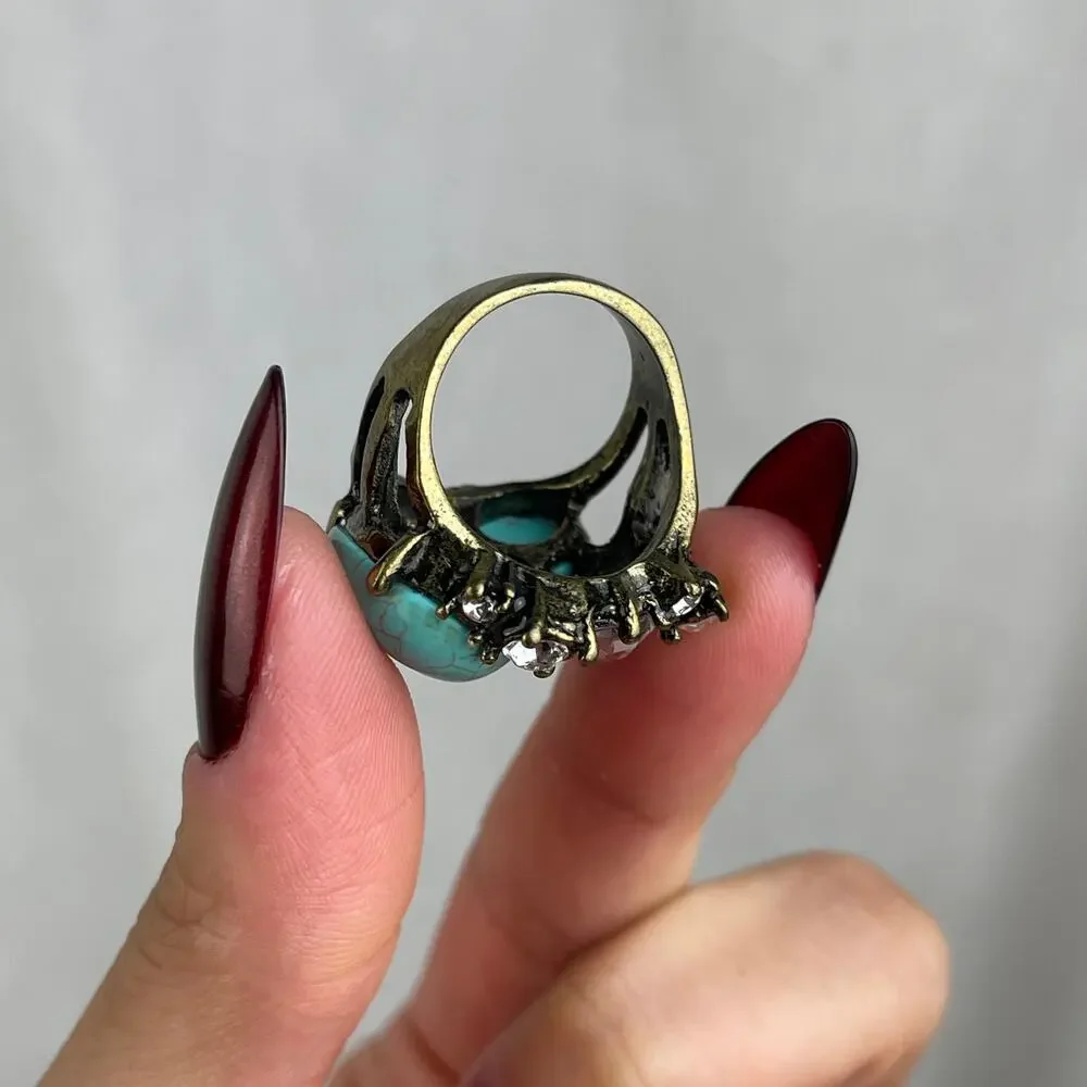 VTG Y2K Urban Outfitters Turquoise Howlite Rhinestone Statement Ring Gold 6-6.5 - Picture 13 of 16